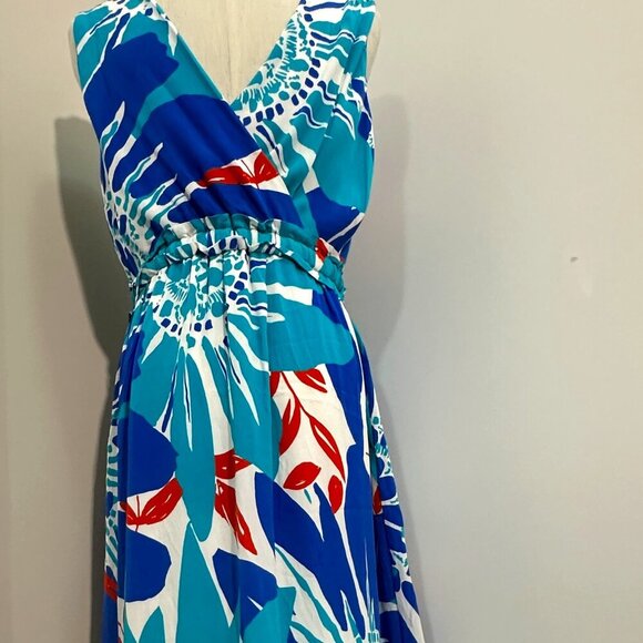 Sleeveless Silk-Inspired Dress with Blue & Orange Botanical Pattern  (SIZE 6) - Picture 1 of 16